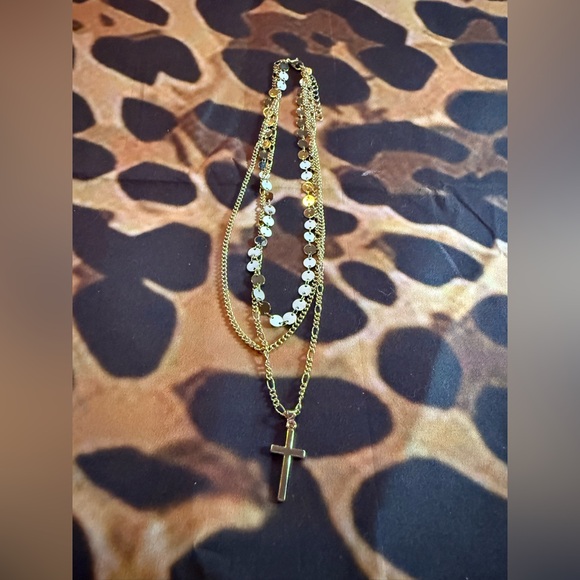 Gold Triple Layer Necklace with Cross Pendant - Picture 1 of 8